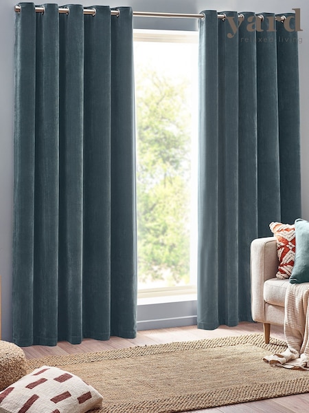 Yard Marine Blue Heavy Chenille Velvet Room Darkening Eyelet Curtains (K85613) | £65 - £165