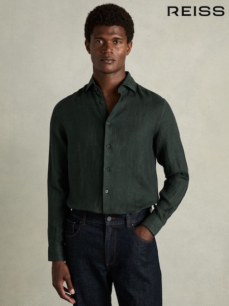 Reiss Dark Green Ruban Linen Striped Cutaway-Collar Shirt (K87092) | £98