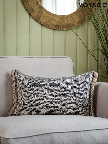 Voyage Charcoal Oryx Herringbone Fringed Cushion (K87915) | £48
