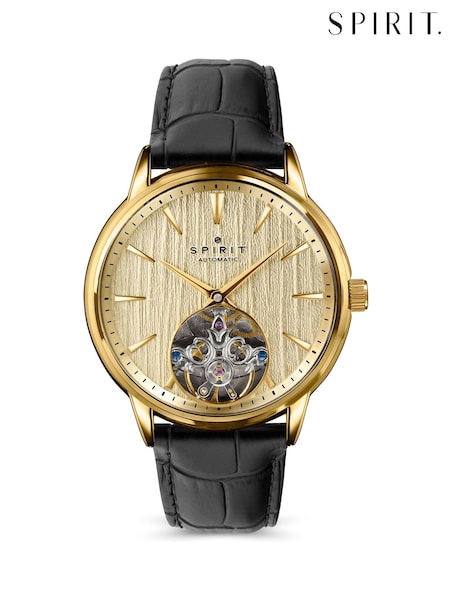 Black - Regular Spirit Gents Gold Plated Open Heart Automatic Leather Strap Watch