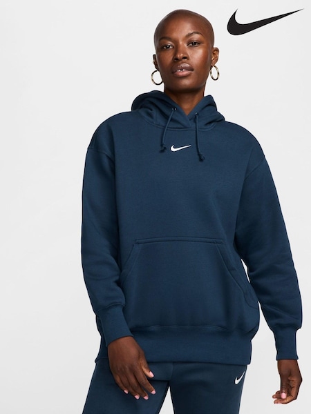 Nike Navy Oversized Sportswear Phoenix Fleece Mini Swoosh Pullover Hoodie (K88504) | £60