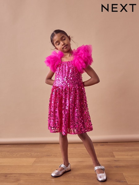 Pink Puff Sleeve Sequin Party Dress (3-14yrs) (K89850) | £44 - £50