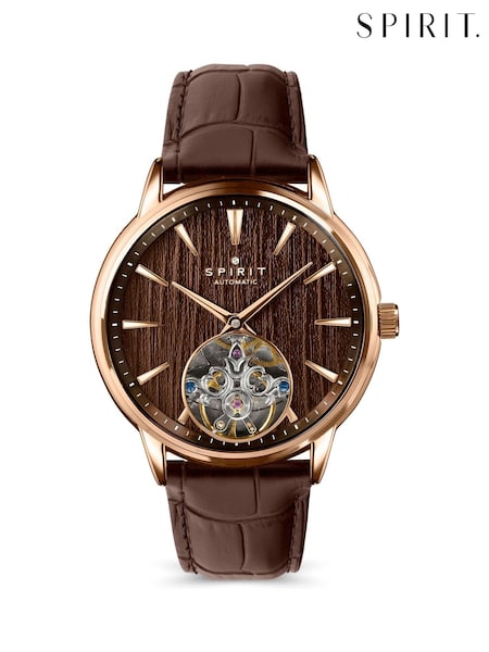 Brown - Regular Spirit Skeleton Automatic Rose Gold Plated Leather Strap Watch