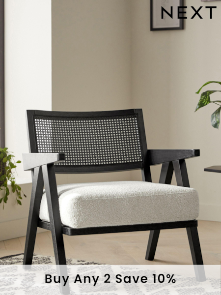 Black Frame, Casual Boucle Oyster Natural Abel Wooden Rattan Accent Chair (K90134) | £250
