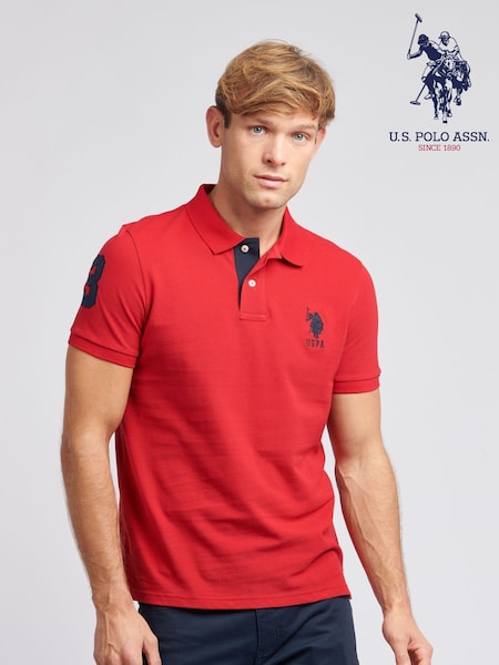 U.S. Polo Assn. Red Regular Fit Mens Player 3 Pique 100% Cotton Polo Shirt (K90235) | £55