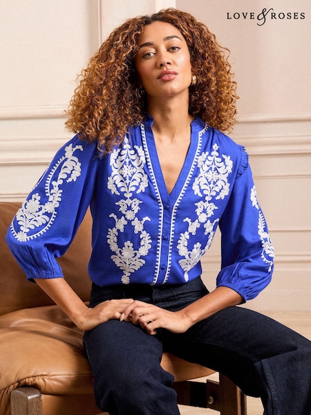 Love & Roses Blue Embroidery Embroidered V Neck 3/4 Sleeve Blouse (K90244) | £39