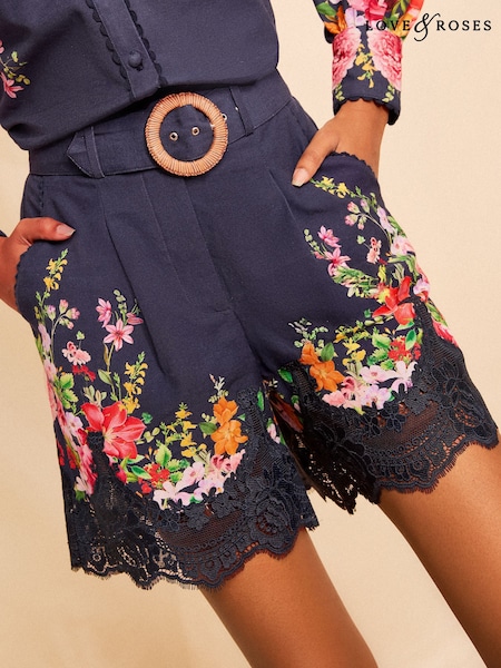 Navy - Love & Roses Floral Printed Lace Hem Shorts