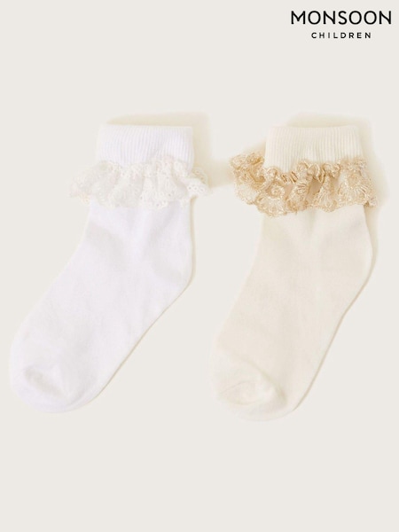 Monsoon White Gold Lace Trim Socks 2 Pack (K92309) | £12