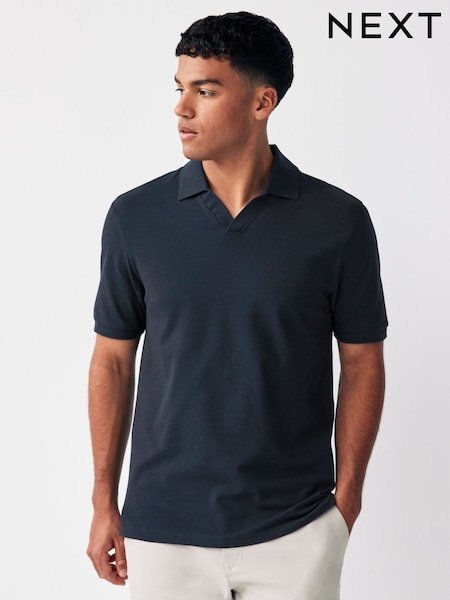 Navy Blue Short Sleeve Cuban Collar Pique Polo Shirt (K93030) | £18