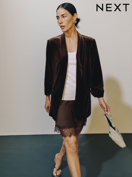Chocolate Brown - Velvet Relaxed Ruched Sleeve Blazer
