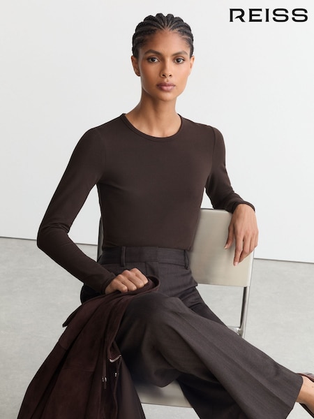 Chocolate Brown - Reiss Jada Cotton Crew-neck Long-sleeve T-shirt With Stretch