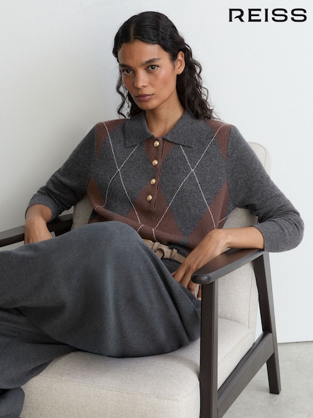 Charcoal Grey - Reiss Avery Wool-cashmere Argyle-knit Polo Jumper