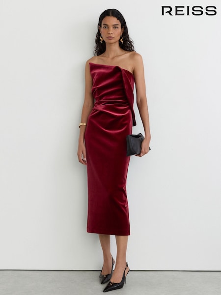 Red - Reiss Dasha Velvet Structured Strapless Midi Dress