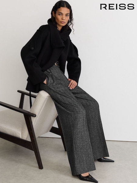 Dark Grey - Reiss Camila Wool-silk Herringbone Wide-leg Trousers