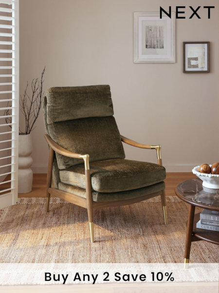 Plush Chenille Moss Green Bronx Effect Frame Flinton Wooden Highback Chair (K95611) | £475