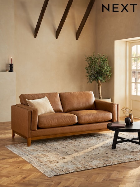 Vintaged Faux Leather Light Brown Bennett Wooden 3 Seater Sofa (K95624) | £950