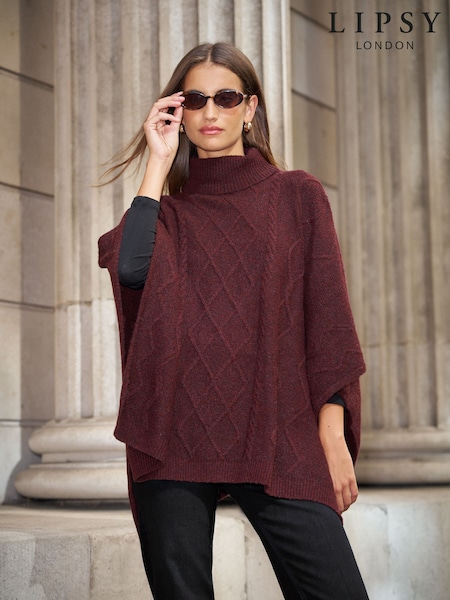 Burgundy Red - Lipsy Cable Knit Poncho