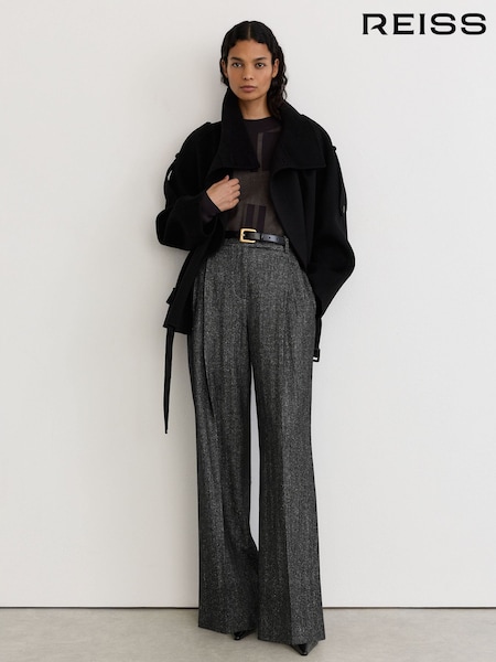 Dark Grey - Reiss Camila Wool-silk Herringbone Wide-leg Trousers