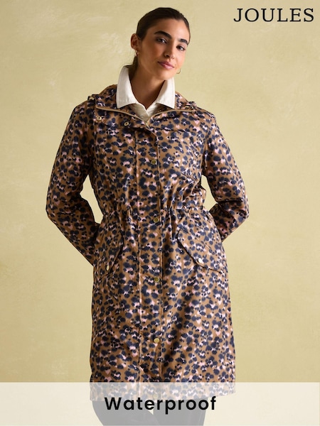 Joules Holkham Tan Leopard Waterproof Packable Raincoat With Hood (K96468) | £27