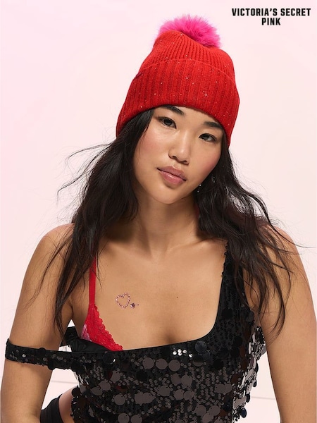 Bright Vermillion Red - Victoria's Secret Pink Sequin Pom Beanie