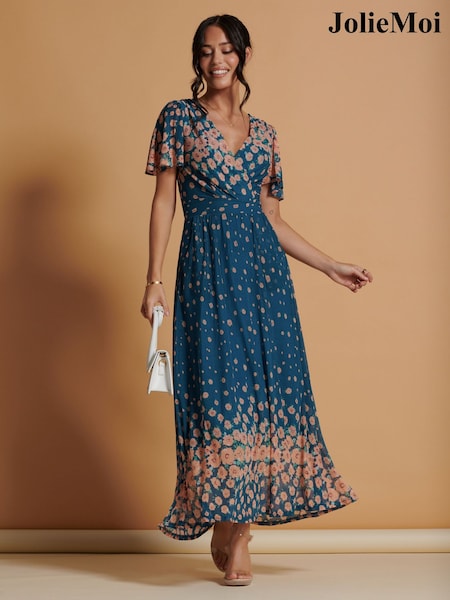 Jolie Moi Blue Mirrored Mesh Angel Sleeve Maxi Dress (K98111) | £89