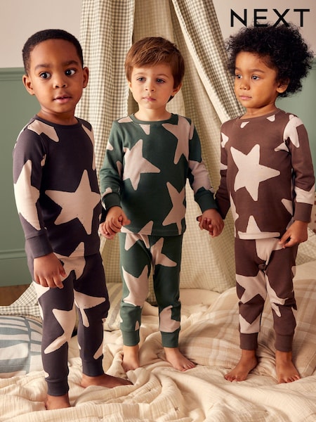 Green/Ecru/Brown Stars 3 Pack Snuggle Pyjamas (9mths-10yrs) (K98601) | £23 - £29