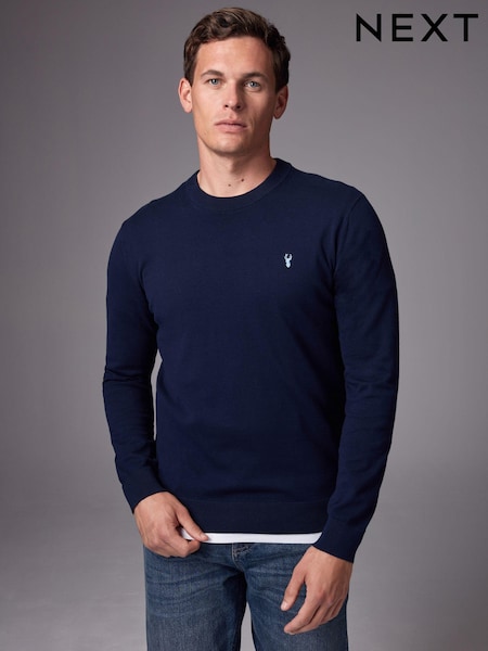 Navy Blue Stag Logo Regular Fit Cotton Rich Crew Jumper (K99785) | £25