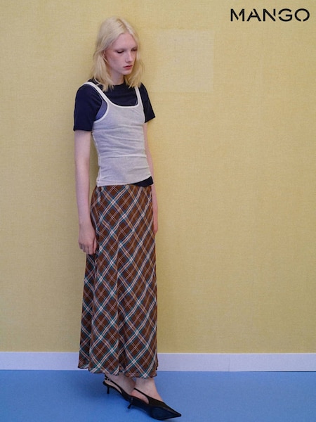Brown - Mango Tartan Print Midi Skirt