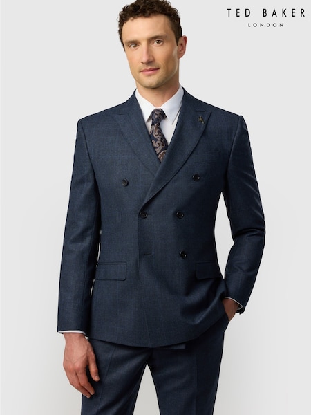 Blue - Regular Ted Baker Tailoring Fit Navy Pow Check Double Breasted Jacket