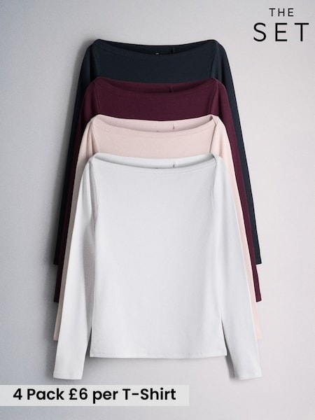 Navy/Burgundy/Pink/White - The Set 4 Pack Boat Neck Ribbed T-shirts