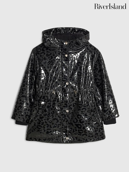 Black Leopard Print - River Island Hooded Rain Jacket