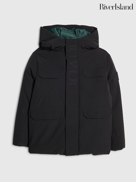 Black - River Island Back To School River Branded Hooded Coat