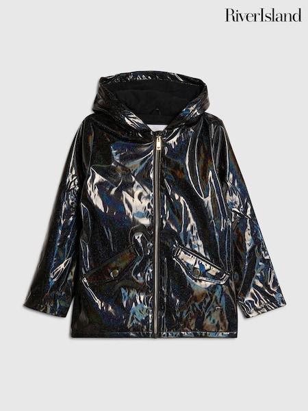 Black - River Island Glitter Rain Trench Coat