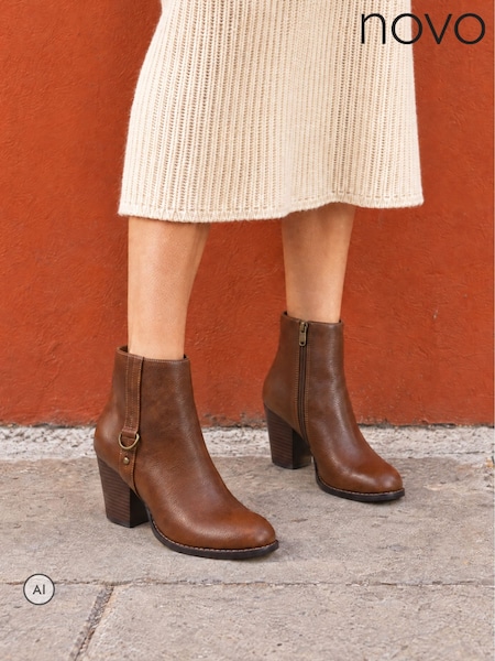 Tan Brown - Novo Julie Hardware Heeled Ankle Boots