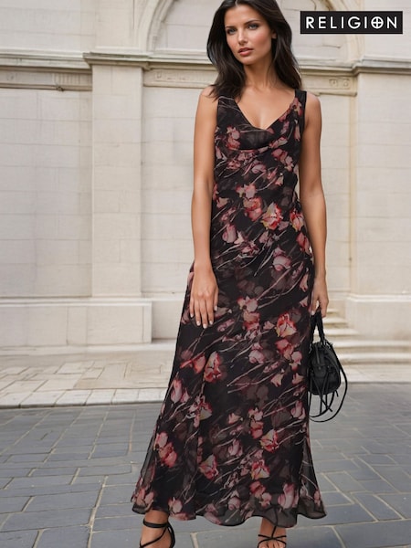 Black - Religion Anne Maxi Occasion Dress With Scoop Neck In Bias Cut Fit In Pretty Floral