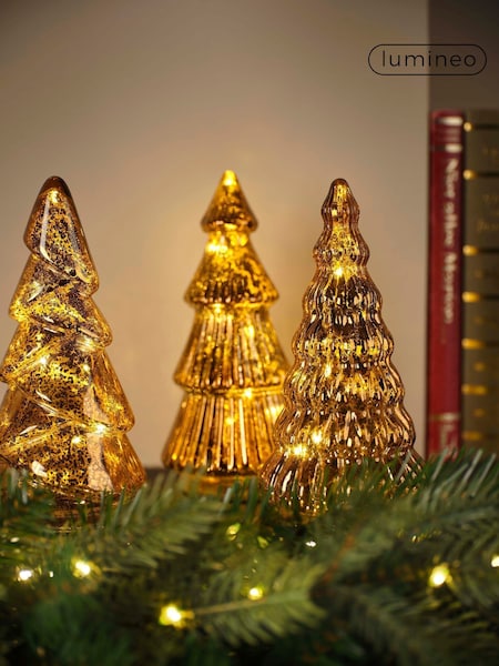 Lumineo Set Of 3 Gold Led Glass Christmas Tree Decorations