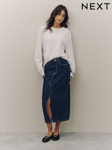 Indigo Rinse Blue - Split Front Maxi Denim Skirt