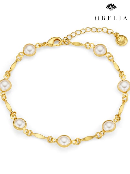 Gold Tone - Orelia London Pearl & Bar Link Chain Bracelet
