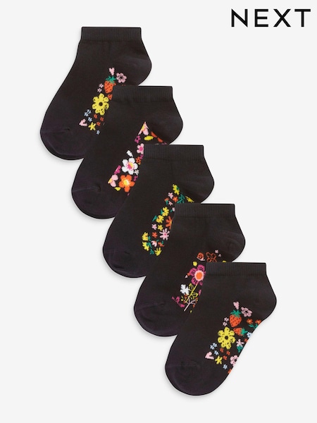 Black Floral 5 Pack Cotton Rich Footbed Trainer Socks (M01597) | £6.50 - £7.50