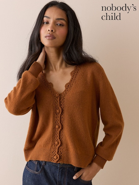 Brown - Nobodys Child Elodie Crochet Trim V-neck Cardigan