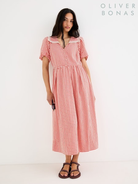 Red - Oliver Bonas Gingham Sailor Collar Midi Dress
