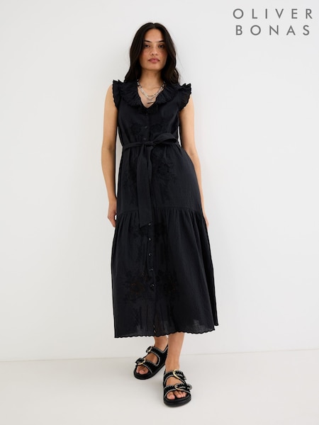 Black - Oliver Bonas Floral Embroidered Frill Collar Tiered Midi Dress