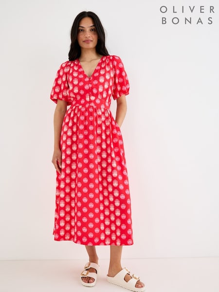 Red - Oliver Bonas Polka Dot V-neck Midi Dress