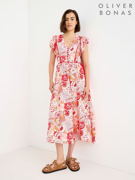 Red - Oliver Bonas Floral V-neck Tie Waist Midi Dress