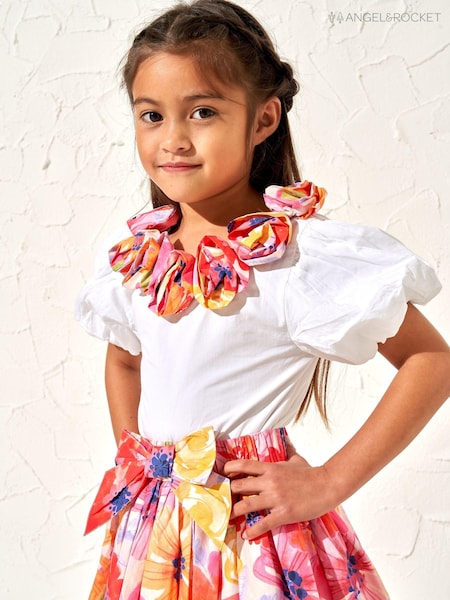 Angel & Rocket White Corsage Neck Sadie 100% Cotton Top (M05931) | £13 - £16.50