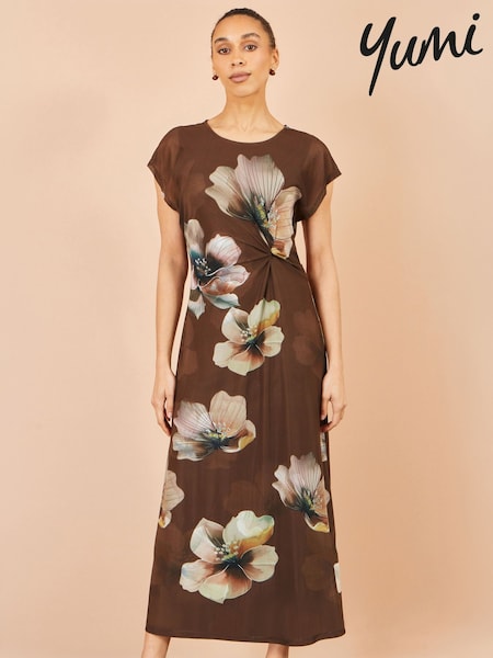 Brown - Yumi Mesh Floral Midi Dress
