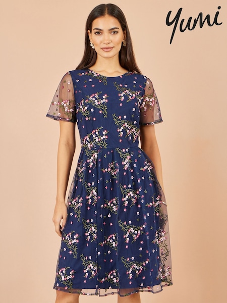 Blue - Yumi Embroidered Floral Mini Skater Dress