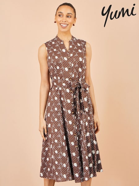 Brown - Yumi Cotton Embroidery Shirt Dress