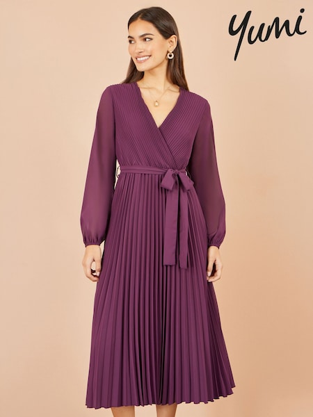Purple - Yumi Pleated Wrap Midi Dress With Sheer Long Sleeves