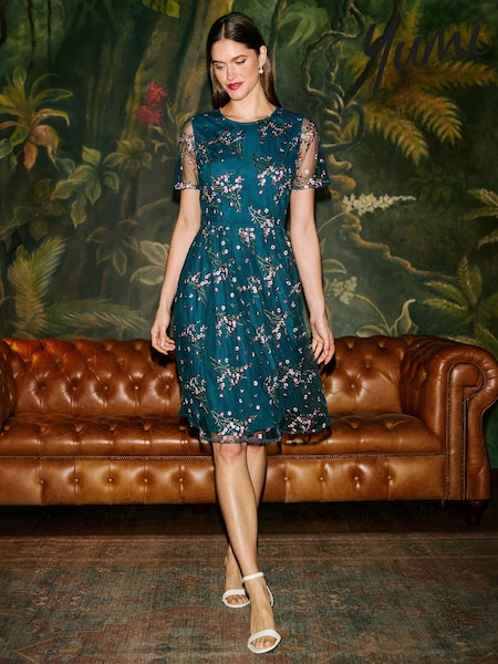 Teal Blue - Yumi Embroidered Floral Mini Skater Dress